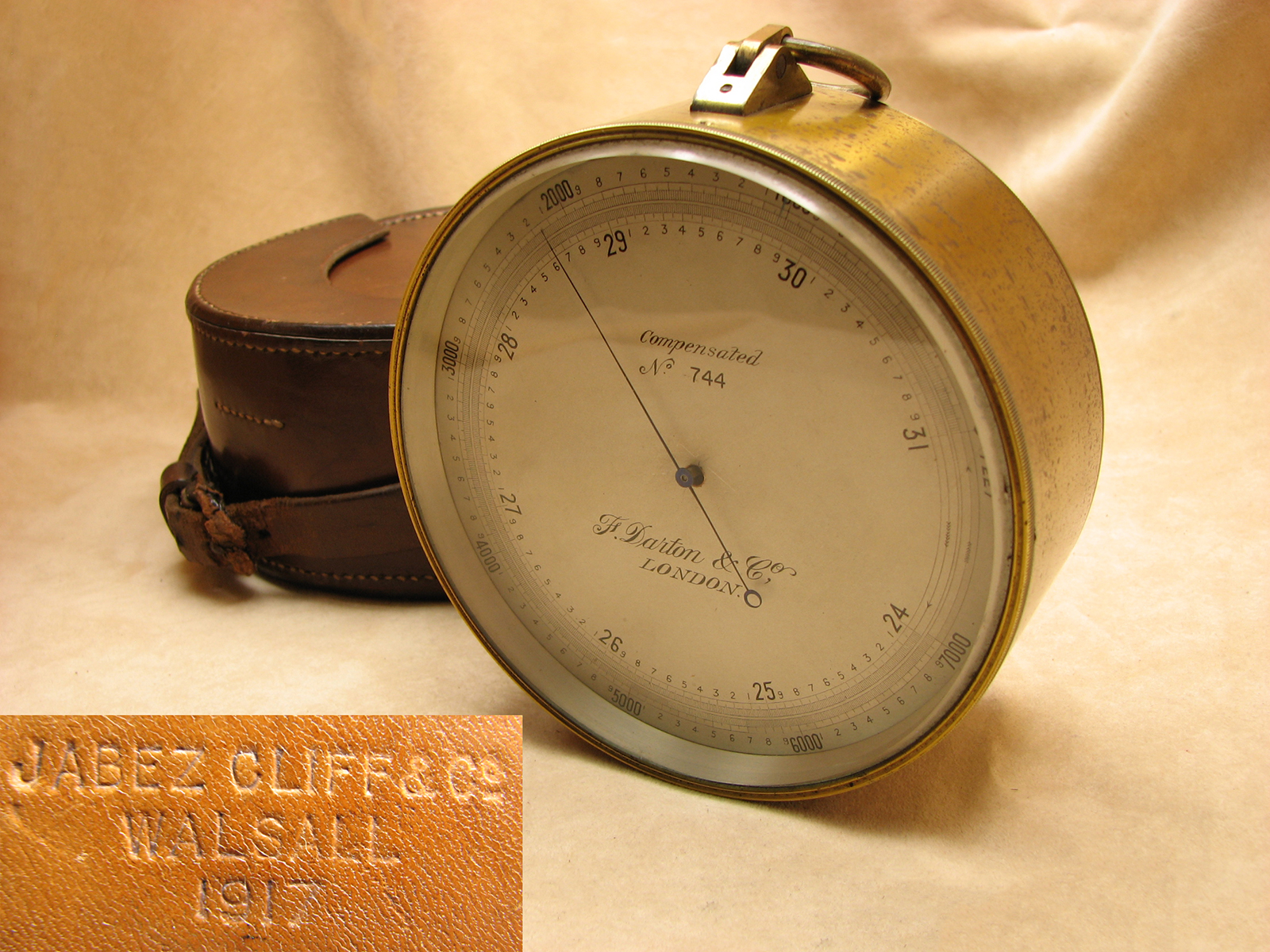 Late Victorian brass cased barometer
& altimeter signed 'F. Darton & Co, London' with leather case